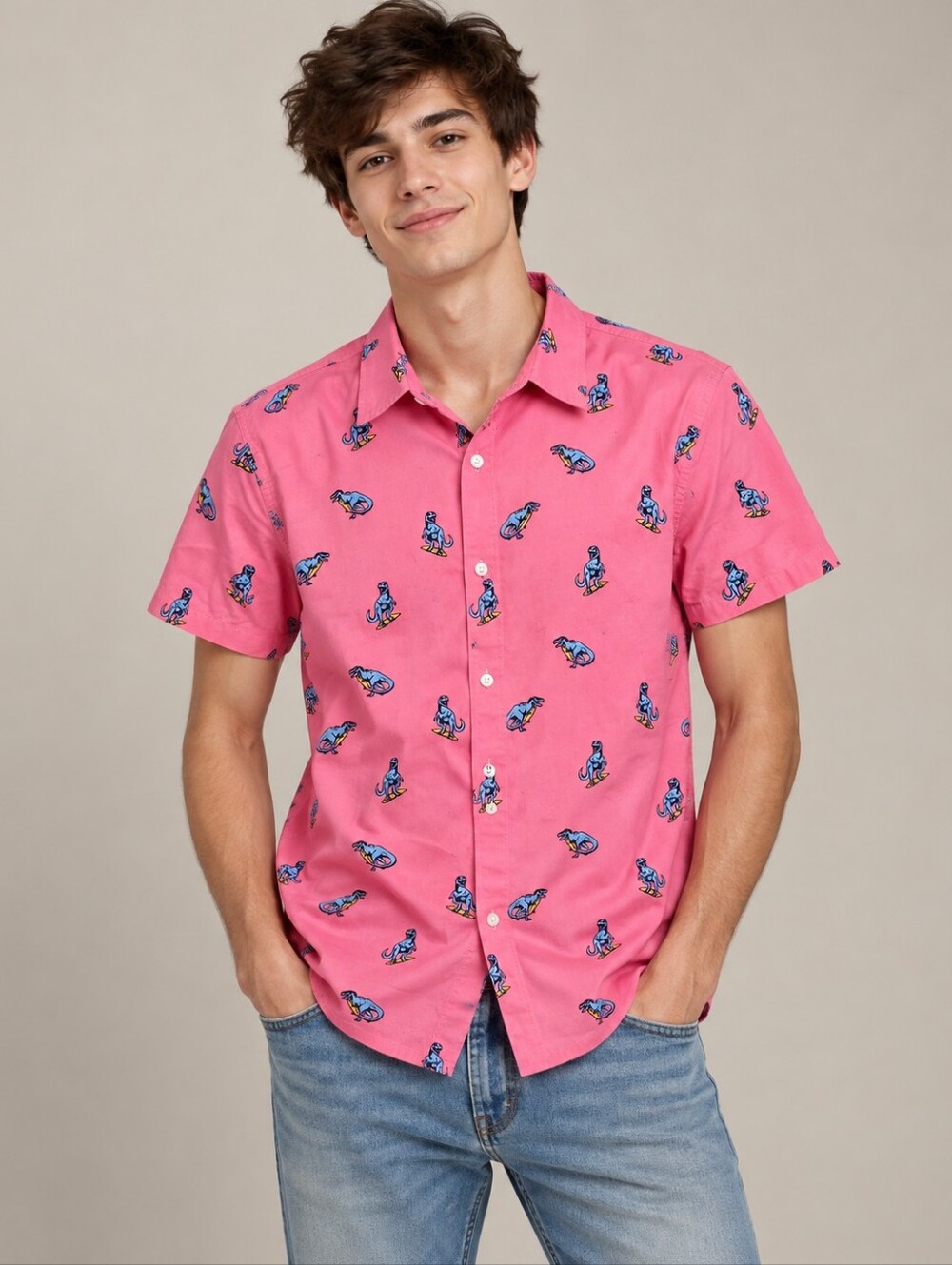Hollister Epic Flex Pink Surfing Dinosaur Short Sleeve Shirt
